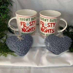 Set of 2 Lg Prima Design “Snowy Days Frosty Nights Warm Hearts” mugs w ornaments